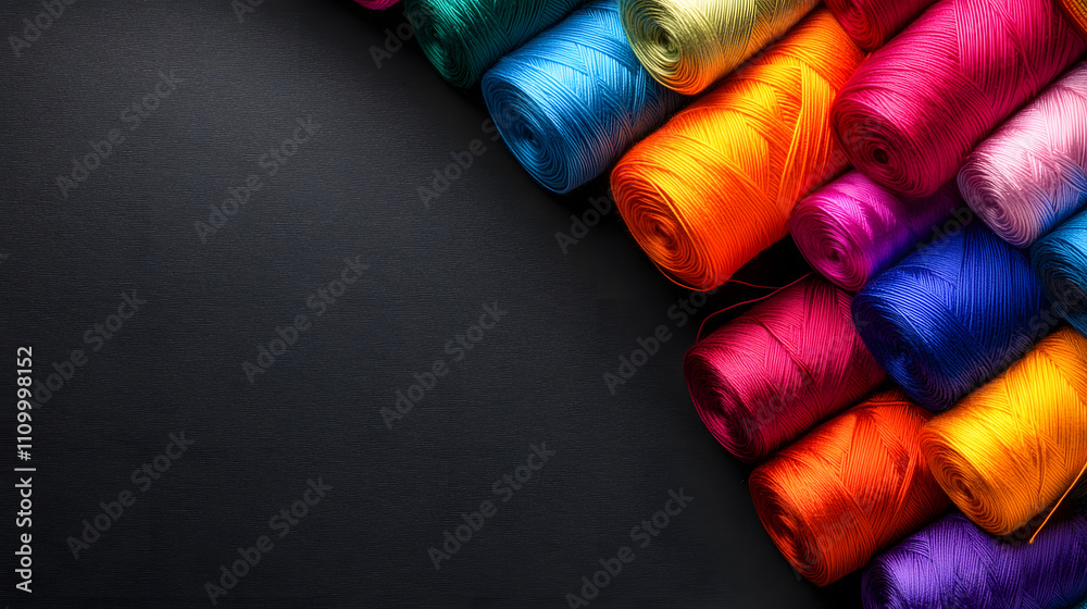 Poster a vibrant assortment of colorful yarn spools arranged diagonally on a dark surface, showcasing vario