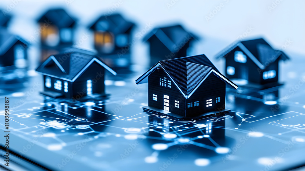 Poster a digital representation of houses connected by a network, symbolizing smart homes and technology in