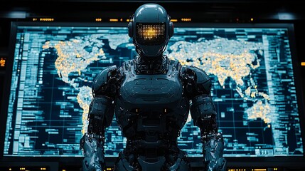 Humanoid Robot Delivering Speech at Global Summit with Digital Data Backdrop