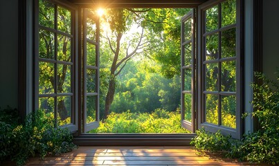 A glass window frame with two doors opening outward reveals the shining sun and green trees outside capturing a summer style