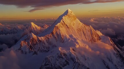 Obraz premium A mountain with snow on it and a beautiful sunset in the background