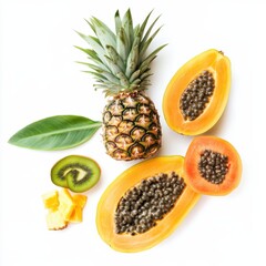 A selection of tropical fruits: pineapple, papaya, and kiwi