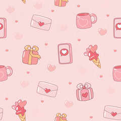 Seamless Valentine's Day pattern with hearts, love letters, gift boxes, mugs, ice cream cones, and smartphones on a pink background. Perfect for romantic designs and festive decorations.