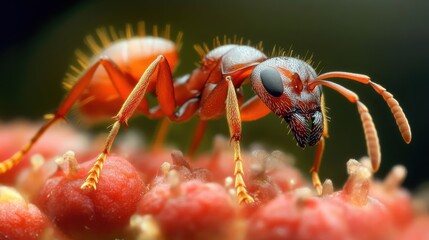 A red ant is standing on a red flower