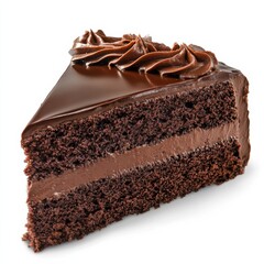 Obraz premium A slice of decadent chocolate cake with ganache frosting, isolated white background, realism art style