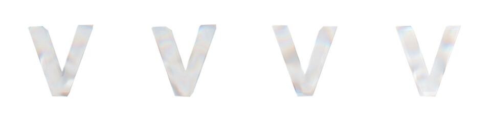 Set of 4 3d letter V with glass distortion effect isolated on a transparent background. 3d transparent elements for graphic design.	