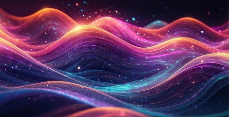 Obraz premium Colorful abstract wave patterns create a sense of fluid motion in a dark background, created by ai generated