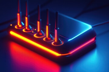 Futuristic device with glowing neon accents; red and blue lights illuminate the sleek, black surface. Ideal for tech, gaming, or futuristic concepts; represents high-speed connection and innovation.