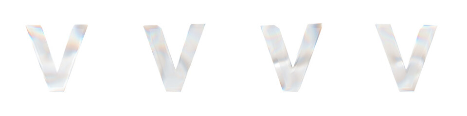 Set of 4 3d letter V with glass distortion effect isolated on a transparent background. 3d transparent elements for graphic design.	