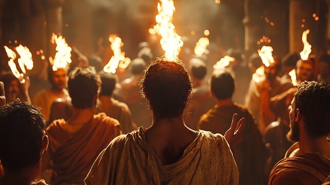 Symbolic Pentecost gathering illuminated by bright flames