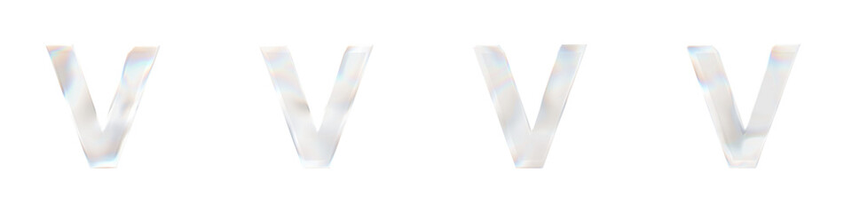 Set of 4 3d letter V with glass distortion effect isolated on a transparent background. 3d transparent elements for graphic design.	