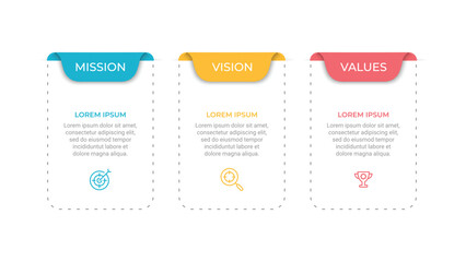 Mission, Vision and Values of company with text. Company infographic Banner template. Modern flat icon design. Abstract icon. Purpose business concept.