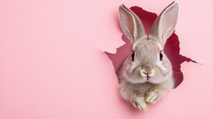Obraz premium Banner with copy space and a charming rabbit's head looking through a torn pink surface