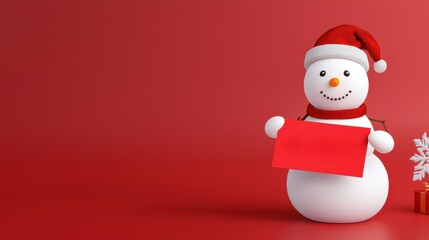 A cheerful snowman in a Santa hat holds a red envelope against a vibrant red background, embodying a festive holiday spirit.