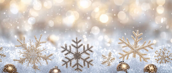 A serene winter wonderland backdrop featuring shimmering snowflakes and gold ornaments, perfect for holiday greeting cards and festive decorations.