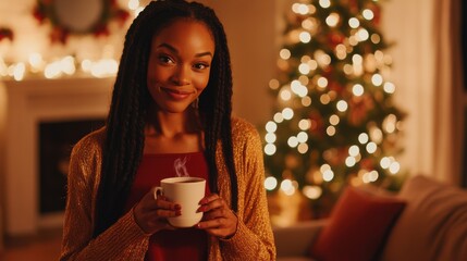 Half body shot of an African American woman with long braids, wearing a gold cardigan over a red dress, holding a cup of hot cocoa in front of a cozy living room with a Christmas tree, copy space
