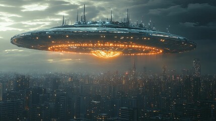 Obraz premium Massive Spaceship Hovering Over Cityscape at Night