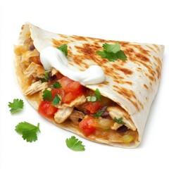 A Southwestern-style chicken quesadilla with salsa and sour cream, isolated white background, minimalist art style