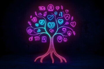 A vibrant neon depiction of a tree representing community service and volunteering isolated on a dark background.