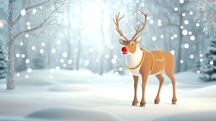 A festive reindeer with a red nose stands in a snowy landscape, surrounded by falling snowflakes, evoking a magical winter scene.