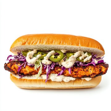 A spicy blackened fish sandwich with shredded cabbage, pickled jalape帽os, and a tangy remoulade sauce on a soft hoagie roll