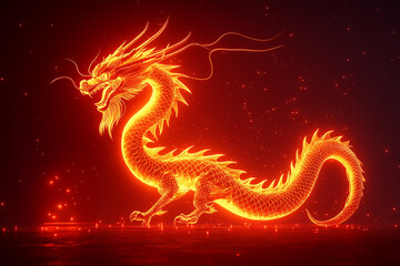 Fototapeta premium A glowing golden dragon outline on a deep red gradient background