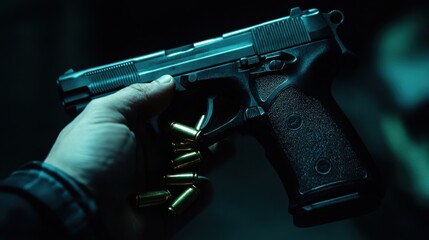 Hand holding a handgun with bullets. Illustrates danger, crime, or self-defense.