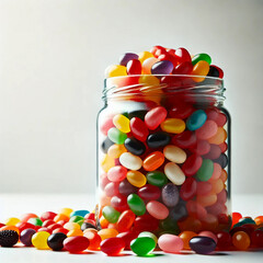 A jar filled with jelly beans isolated on a white background.