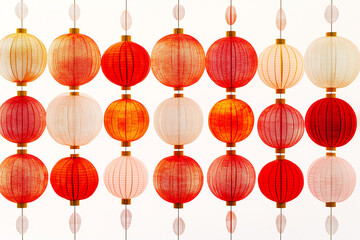 An abstract design of overlapping red and gold circles, symbolizing lanterns, arranged in a symmetrical pattern on a white background