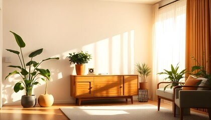 A minimalist living room featuring a sleek wooden cabinet, lush green plants, and warm creating a serene and inviting interior design