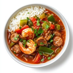 A spicy Cajun shrimp and sausage gumbo with bell peppers, okra, and rice