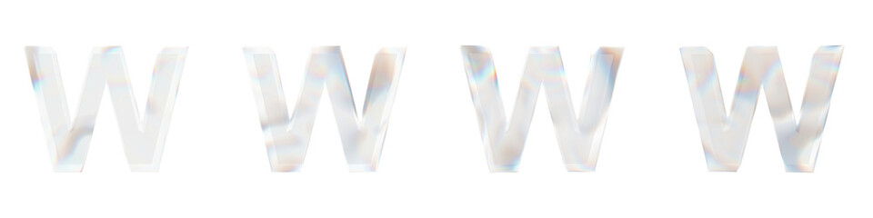 Set of 4 3d letter W with glass distortion effect isolated on a transparent background. 3d transparent elements for graphic design.	