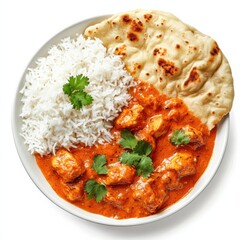 A spicy chicken tikka masala with basmati rice and naan bread, isolated white background, hyperrealism art style