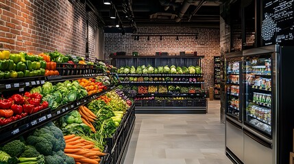 Fresh produce displayed on shelves in a modern grocery store with brick walls.