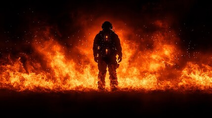 Fototapeta premium Warrior Silhouetted in Flames of Strength Endurance and Resilience