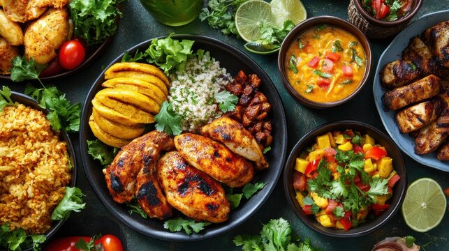 Savoring Jerk Chicken and Plantain A Caribbean Feast Experience Culinary Paradise Food Presentation Aerial View Flavorful Journey