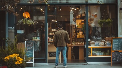 Naklejka premium Man looking at a shop window displaying various goods.