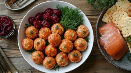 Feasting on a Swedish Smorgasbord Top View of Meatballs and Gravlax Sweden Food Display Rustic Setting Culinary Delight