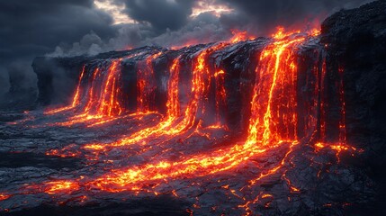 Surreal Fiery Waterfalls Cascading Down Cliffs Into Molten Pools Symbolizing the Immense Power of Fire