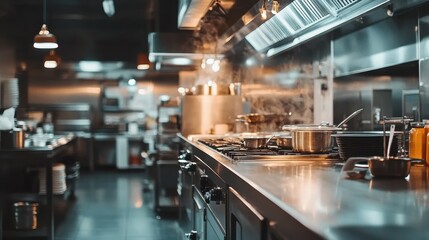 Sleek restaurant kitchen with stainless steel appliances and cooking equipment. Ideal for culinary, food, or restaurant industry visuals.