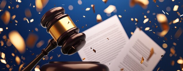 law restriction concept. A gavel on a table with documents scattered, symbolizing justice and legal proceedings, highlighted by confetti.