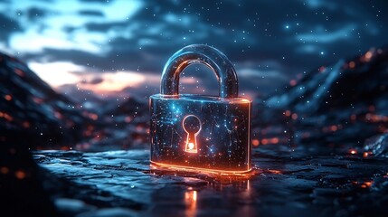 Padlock Icon Floating in Cosmic Space Symbolizing Digital Security and Protection in the Space Age