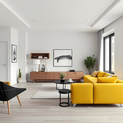 Modern interior design of scandinavian apartment, living room with yellow sofa, sideboard and black armchair 3d animation rendering