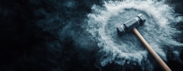 Naklejka premium law restriction concept. A heavy hammer striking down, creating a powerful impact with smoke and energy swirling around it.