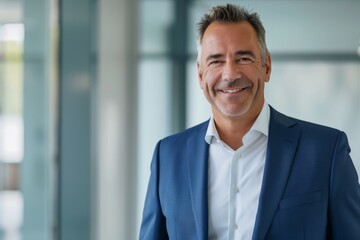 Fototapeta premium Headshot close up portrait of indian or latin confident mature good looking middle age leader, ceo male businessman in suit on office background. Handsome hispanic senior business man smile at camera