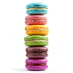 A stack of colorful macarons with assorted flavors, isolated white background, pop art style