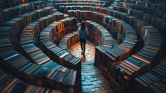 Curious Student Navigating a Maze of Books Symbolizing the Exploratory Nature of Learning and Discovery