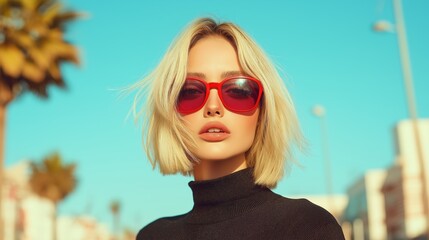 Woman in black turtleneck and red sunglasses against turquoise sky. Summer fashion advertising