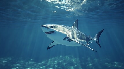 Obraz premium Great white shark underwater, sunlit scene.