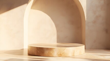 Fototapeta premium Elegant podium with a marble surface and subtle lighting, sitting on a pale background with plenty of space for product placement.